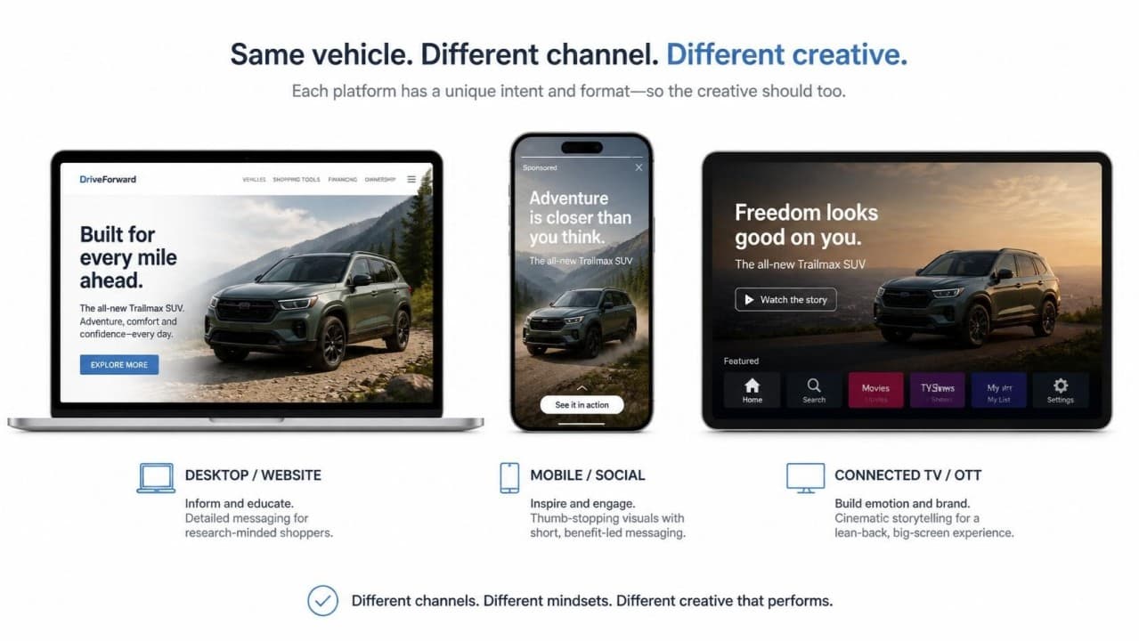 Omnichannel Automotive Creative for desktop websites and mobile social and connected OOT TV