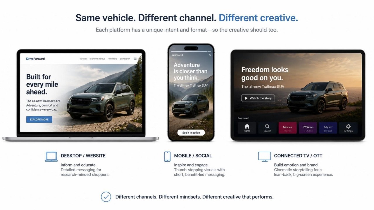 Omnichannel Automotive Creative for desktop websites and mobile social and connected OOT TV